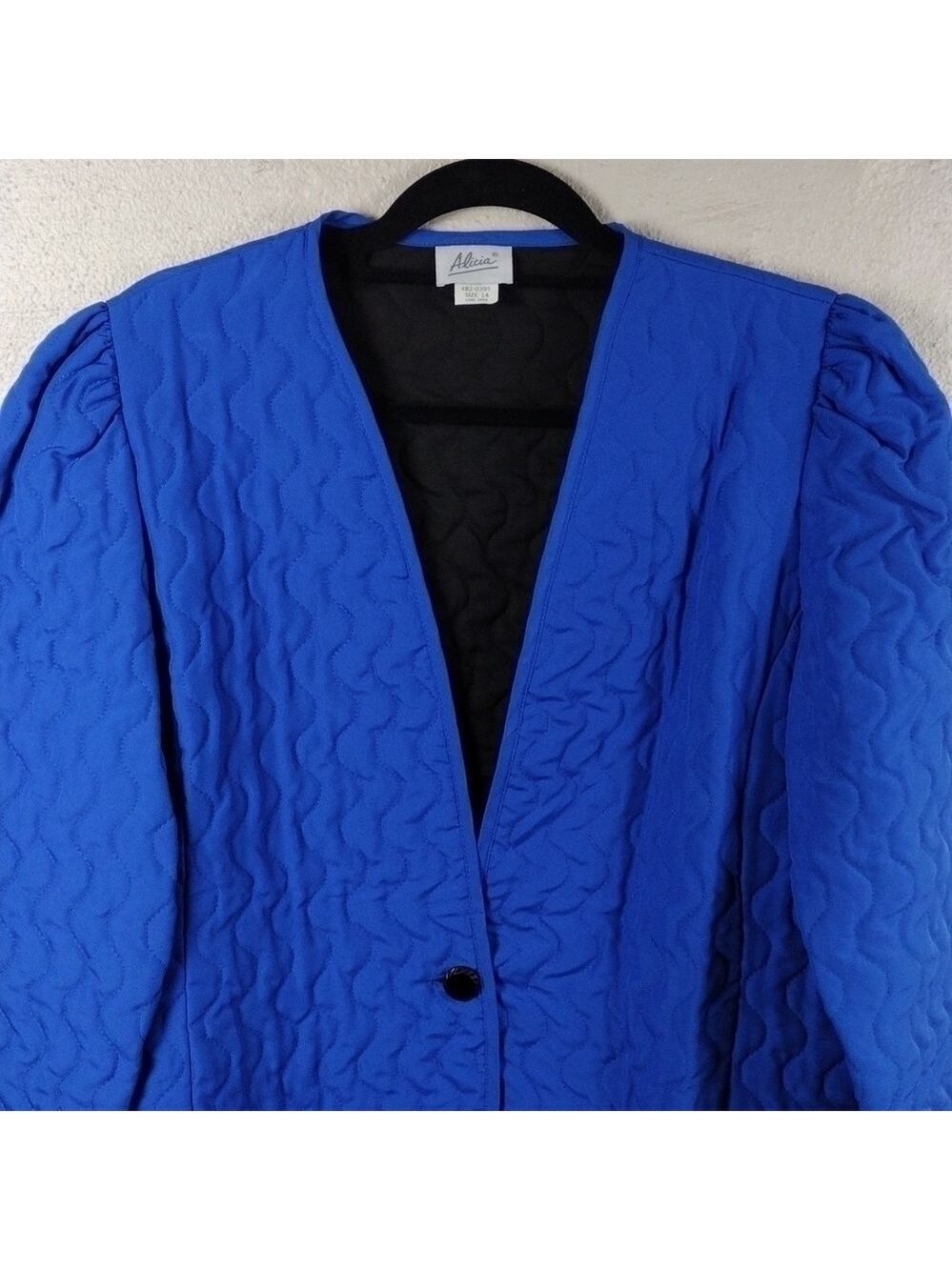 Alicia Vintage Blue Quit Long Sleeve Collarless Button Front Lightweight Jacket - Picture 2 of 9